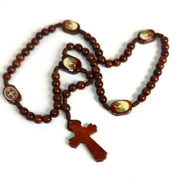 Vintage Wooden St. Benedict Rosary Corded Necklace Prayer Beads - Picture 1 of 5